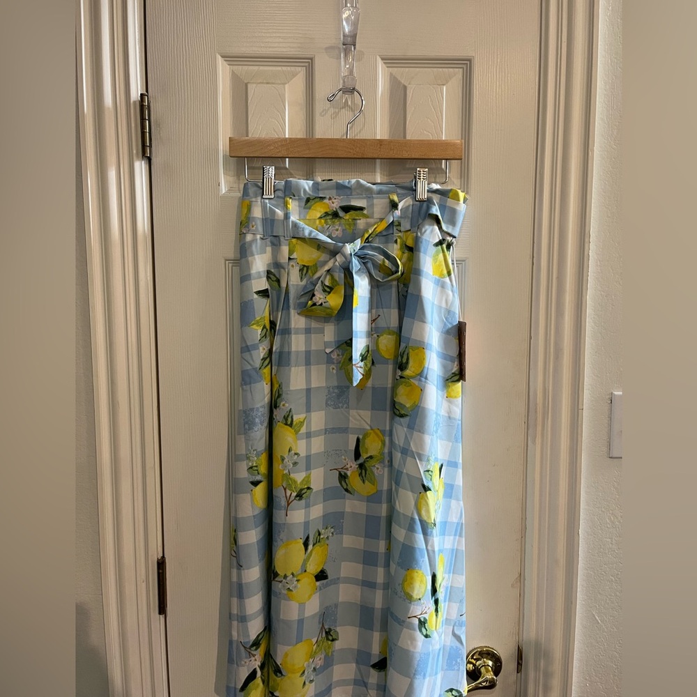 Blue and Yellow Wrap Midi Skirt with Lemons and Tie Front Belt
